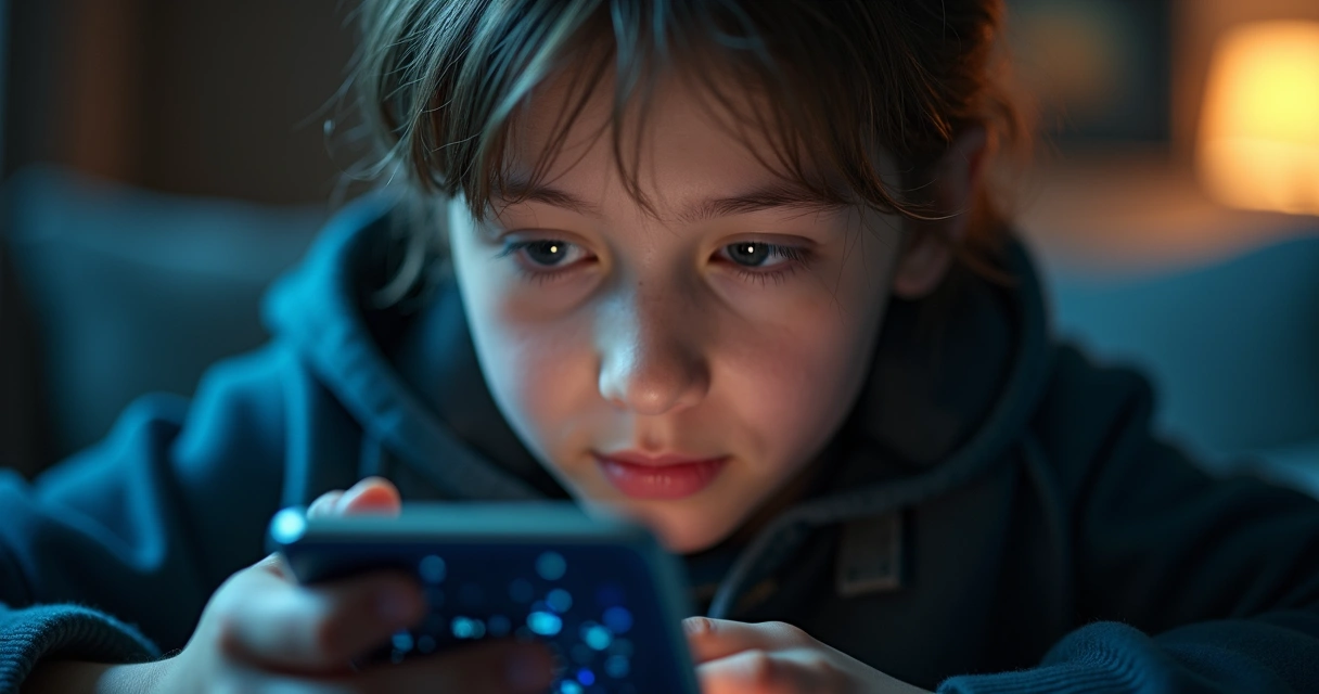 Jovem olhando para a tela de smartphone com reflexo digital no rosto. 