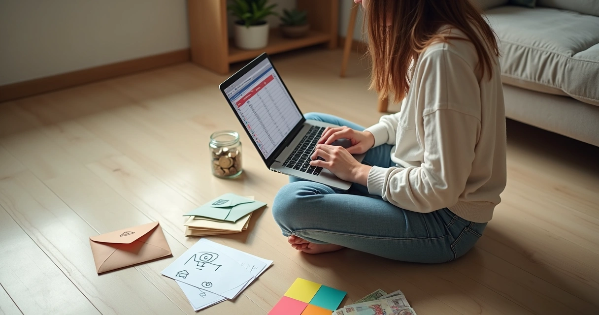 Jovem sentado no chão montando planilha de controle financeiro pessoal em notebook 