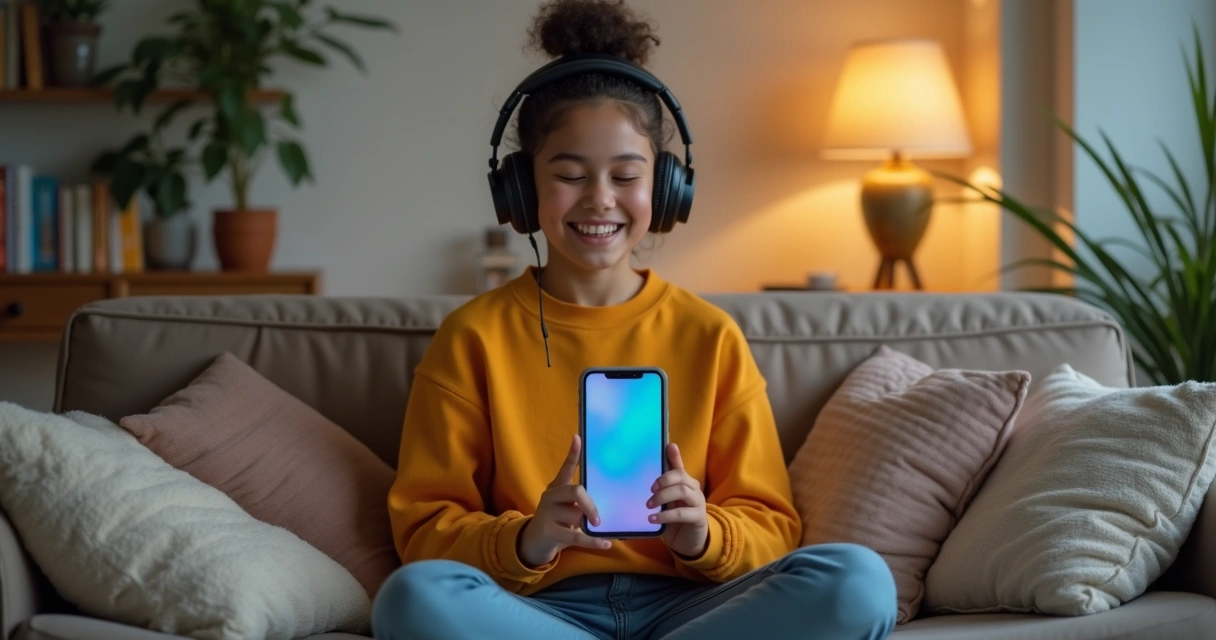 Adolescente ouvindo áudio com fones de ouvido, expressão serena 