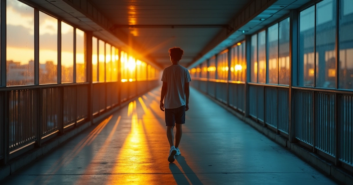 Pessoa jovem caminhando em passarela iluminada com contraste de luz e sombra 