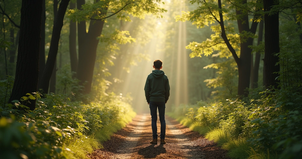 Jovem parado em bifurcação de estrada olhando as duas direções 