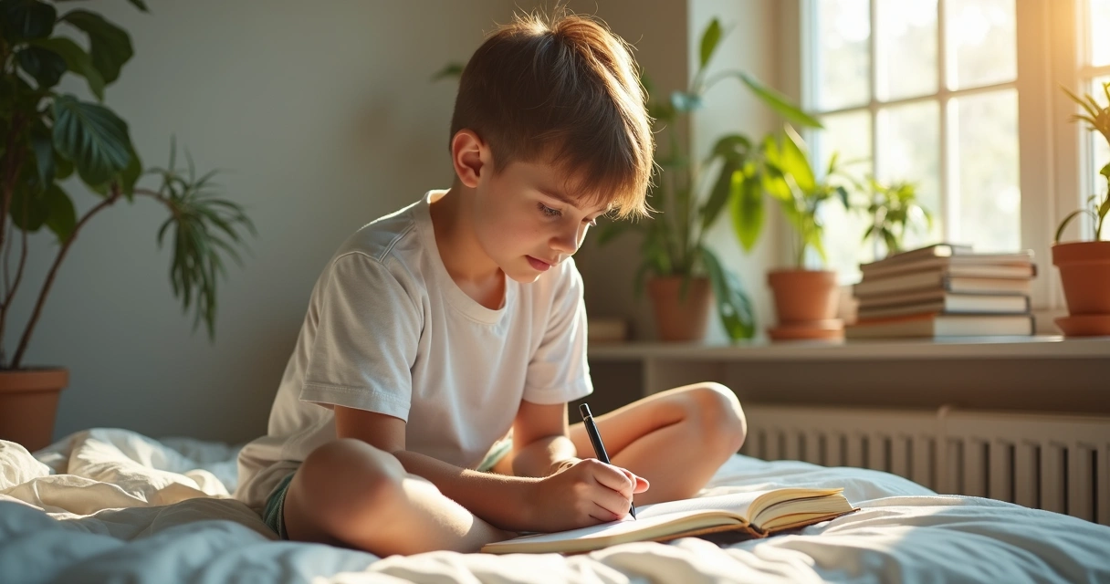 Jovem sentado em quarto iluminado por luz natural, olhando pensativo para diário aberto 