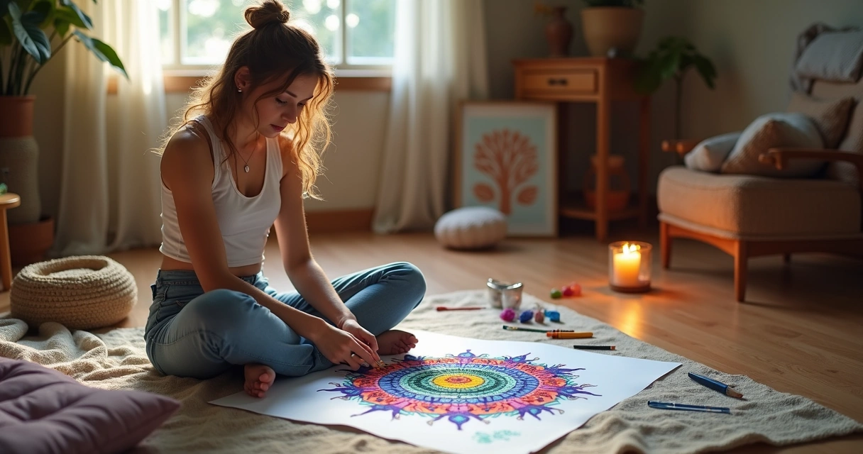Mulher jovem sentada em casa pintando uma mandala em papel 