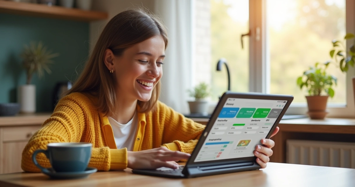 Jovem sorrindo enquanto planeja finanças em app de banco digital