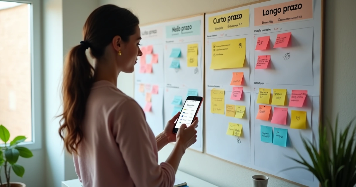 Jovem organizando metas financeiras em mural colorido com celular na mão 