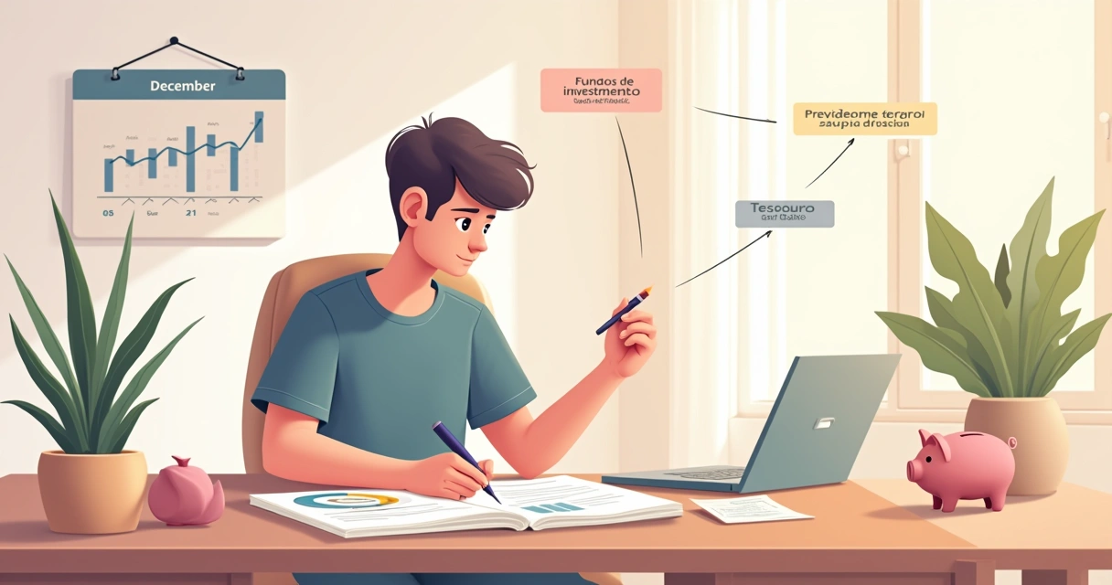 Jovem planejando investimentos em um escritório acolhedor, com opções como fundos, ações e previdência privada.