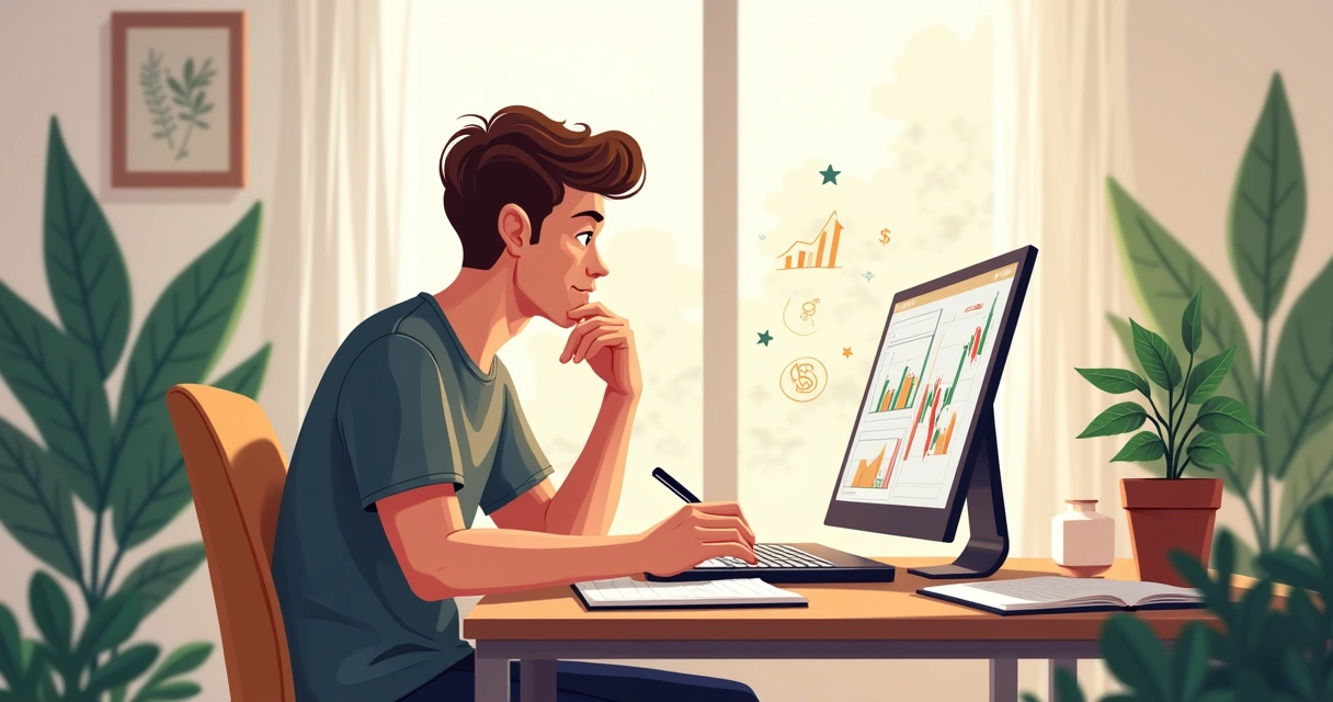 Jovem planejando investimentos no laptop 