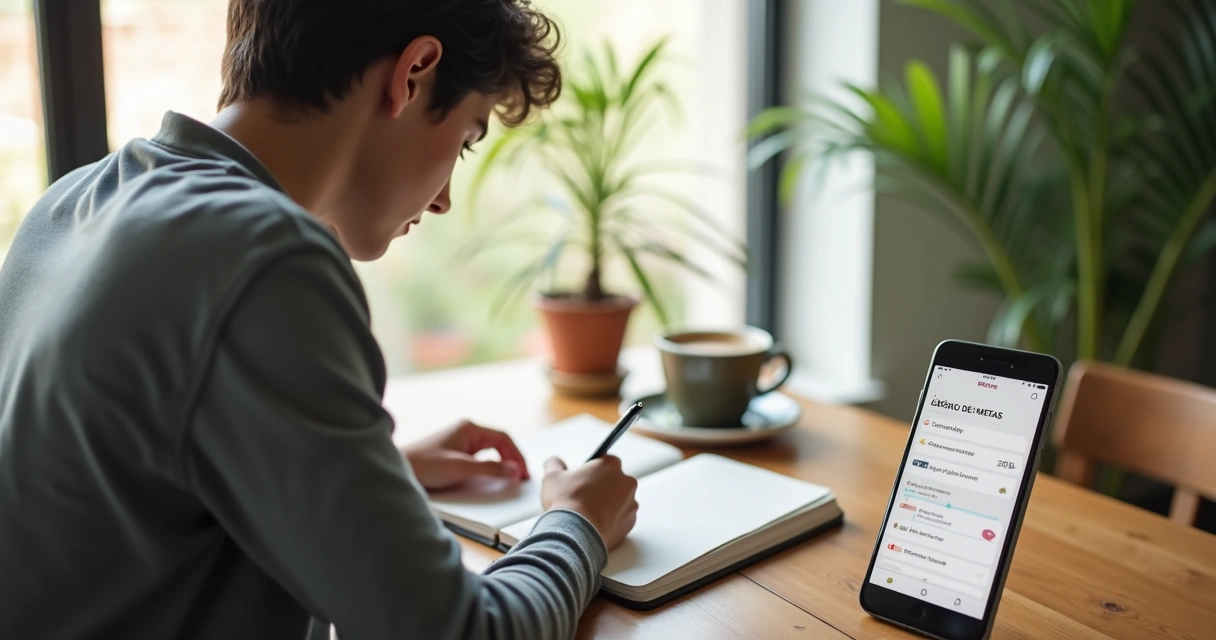 Jovem sentado à mesa planejando metas com caderno e smartphone aberto no app MyVibes 