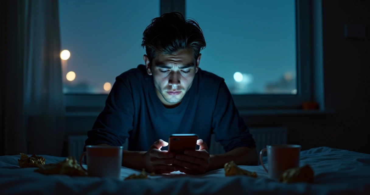 Homem jovem olhando para tela de celular com expressão de ansiedade em sala escura