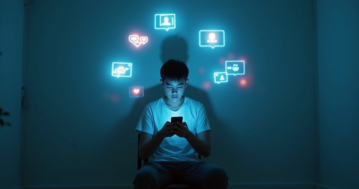 Jovem cercado por telas de redes sociais com sombra distorcida ao fundo 