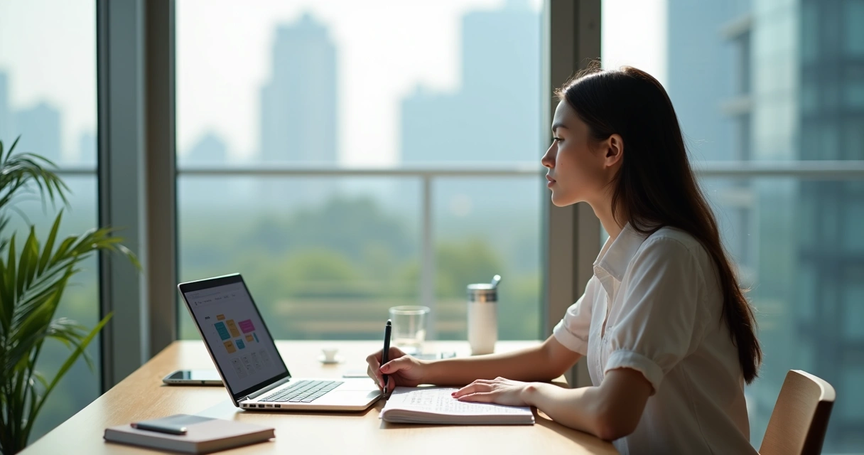 Jovem profissional sentado em frente ao notebook refletindo e fazendo anotações em um caderno 