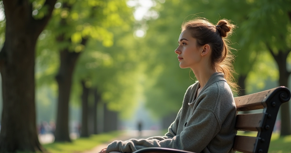 Mulher jovem refletindo sentada sozinha em um banco de praça com árvores ao fundo 
