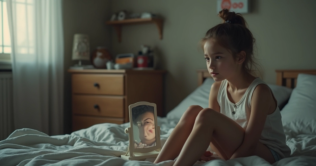 Jovem sentado olhando com expressão pensativa ao espelho 