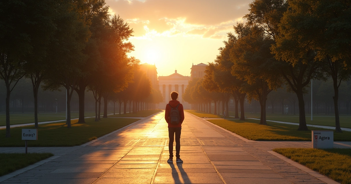 Jovem pensando diante de caminho que leva à universidade.