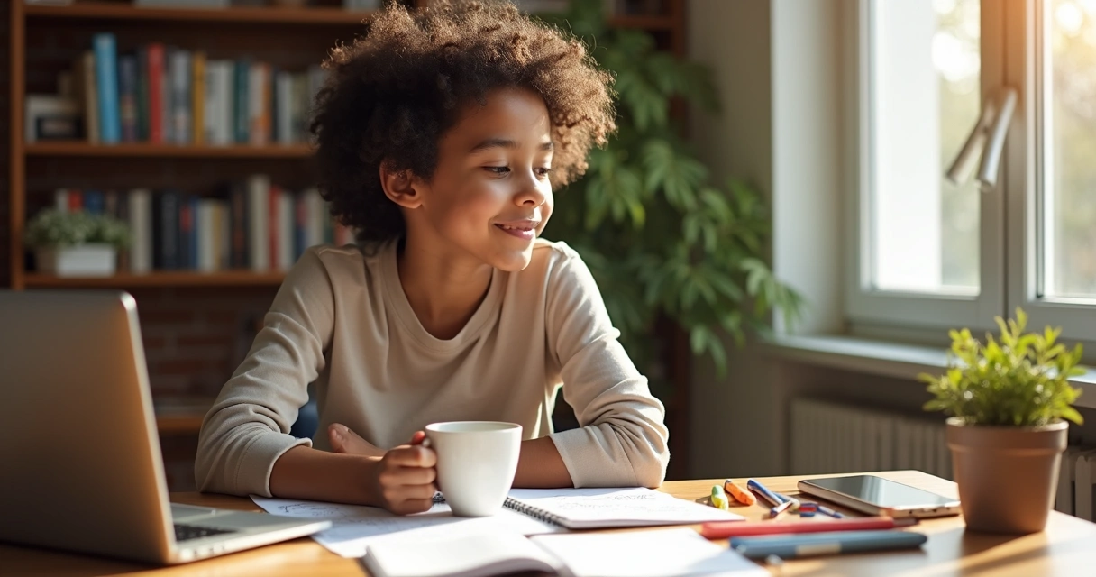Jovem sentado à mesa, olhando para anotações ao lado de uma xícara