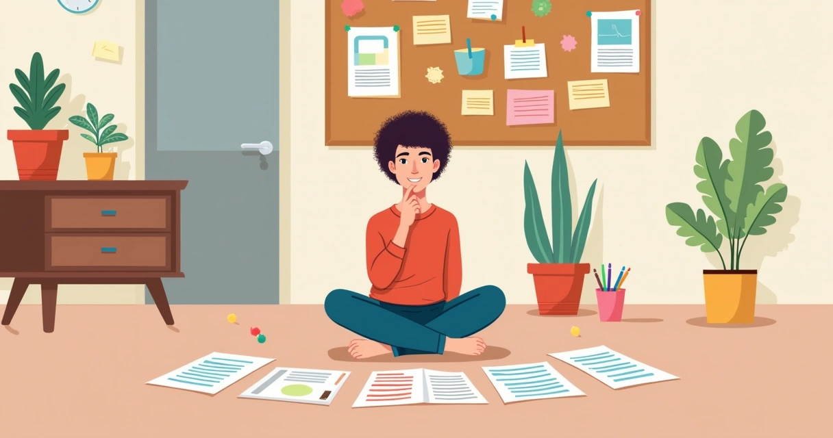 Jovem sentado com papéis ao redor, pensando sobre opções de carreira 