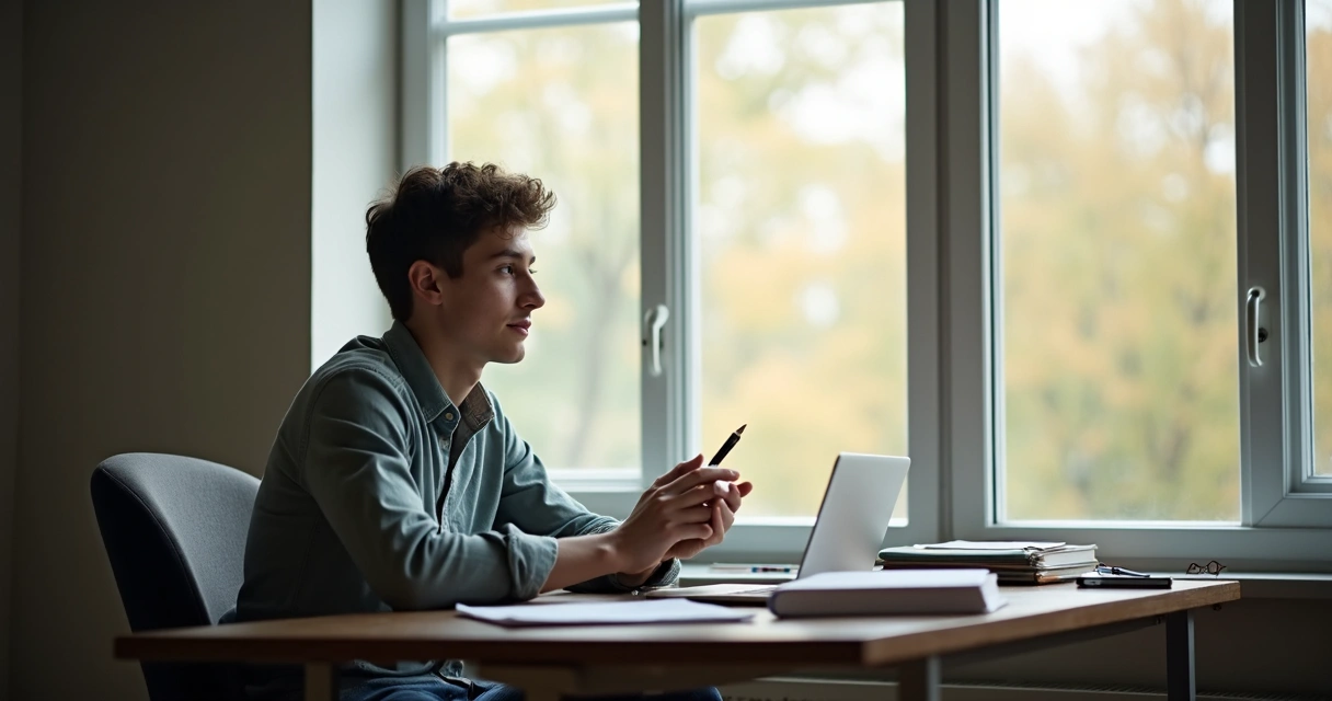 Jovem refletindo sobre a carreira olhando para a janela com livros e anotações ao lado 