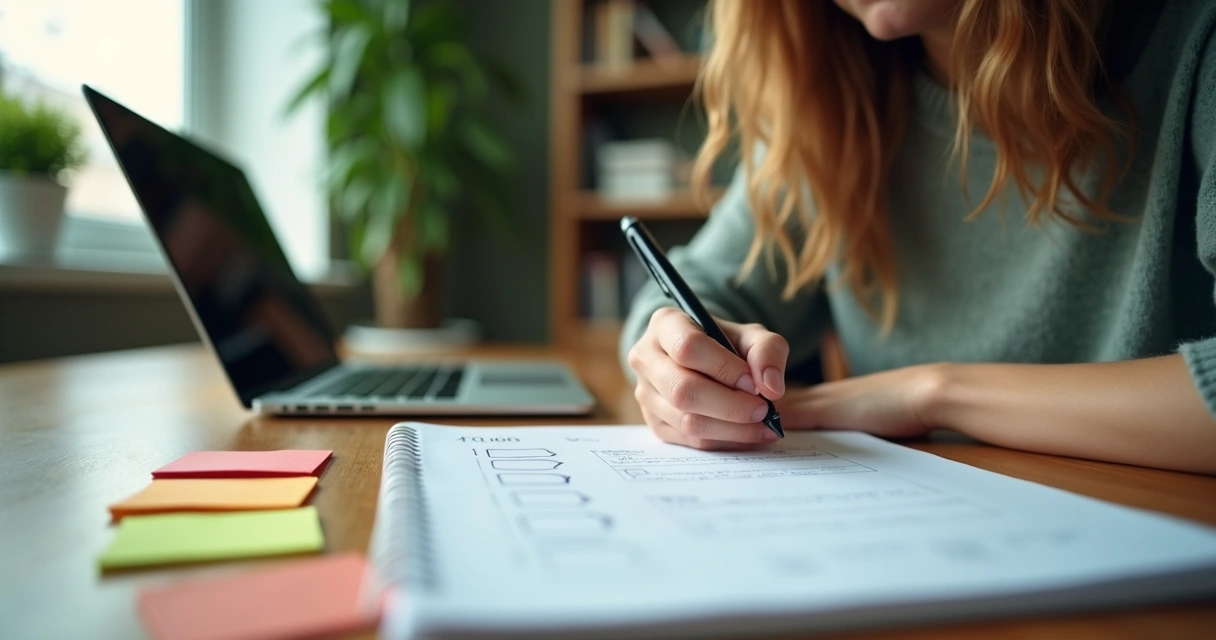 Jovem escrevendo opções de carreira em caderno