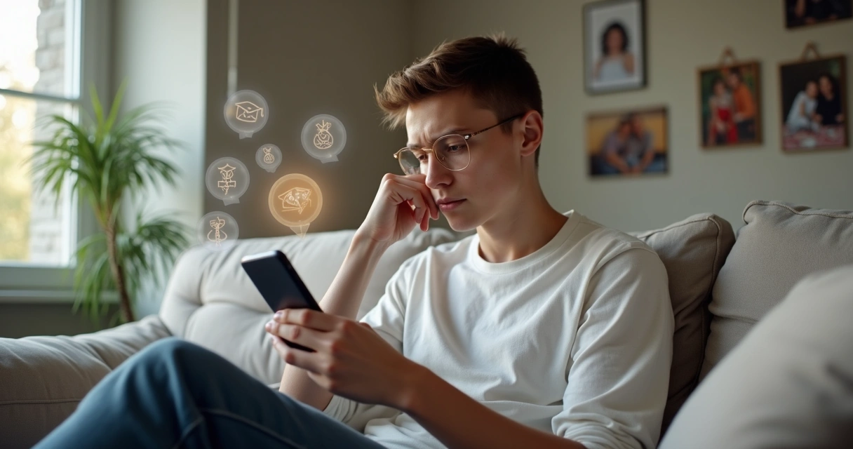 Jovem refletindo em um sofá, olhando fotos e comparando conquistas de vida 