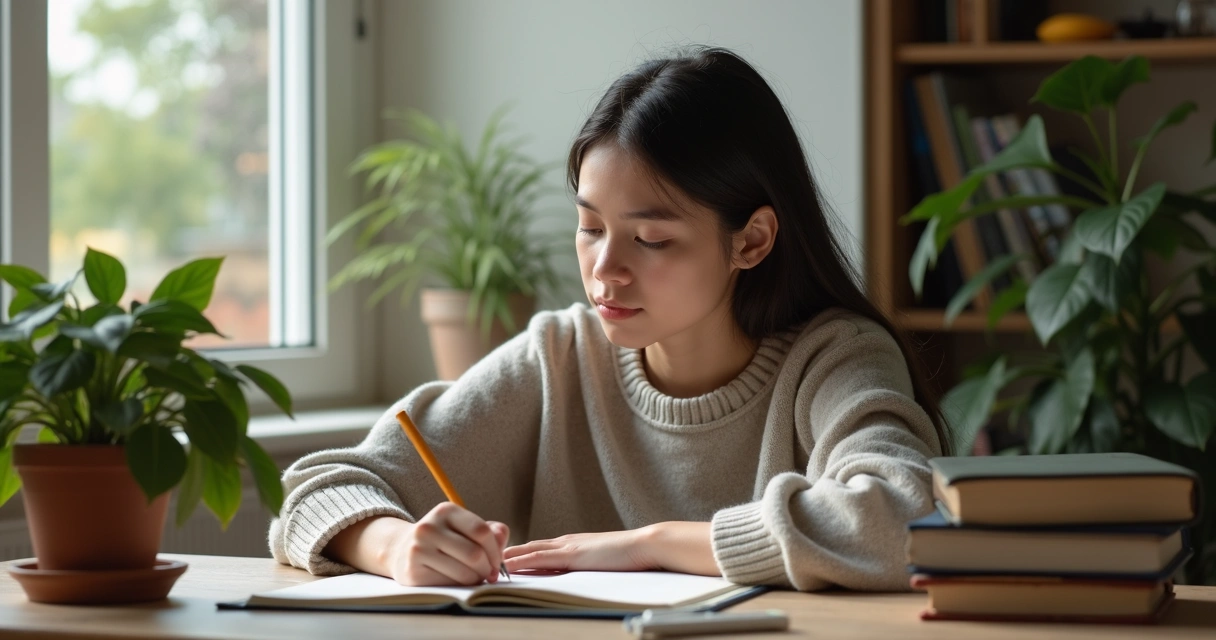 Jovem refletindo enquanto escreve em diário 