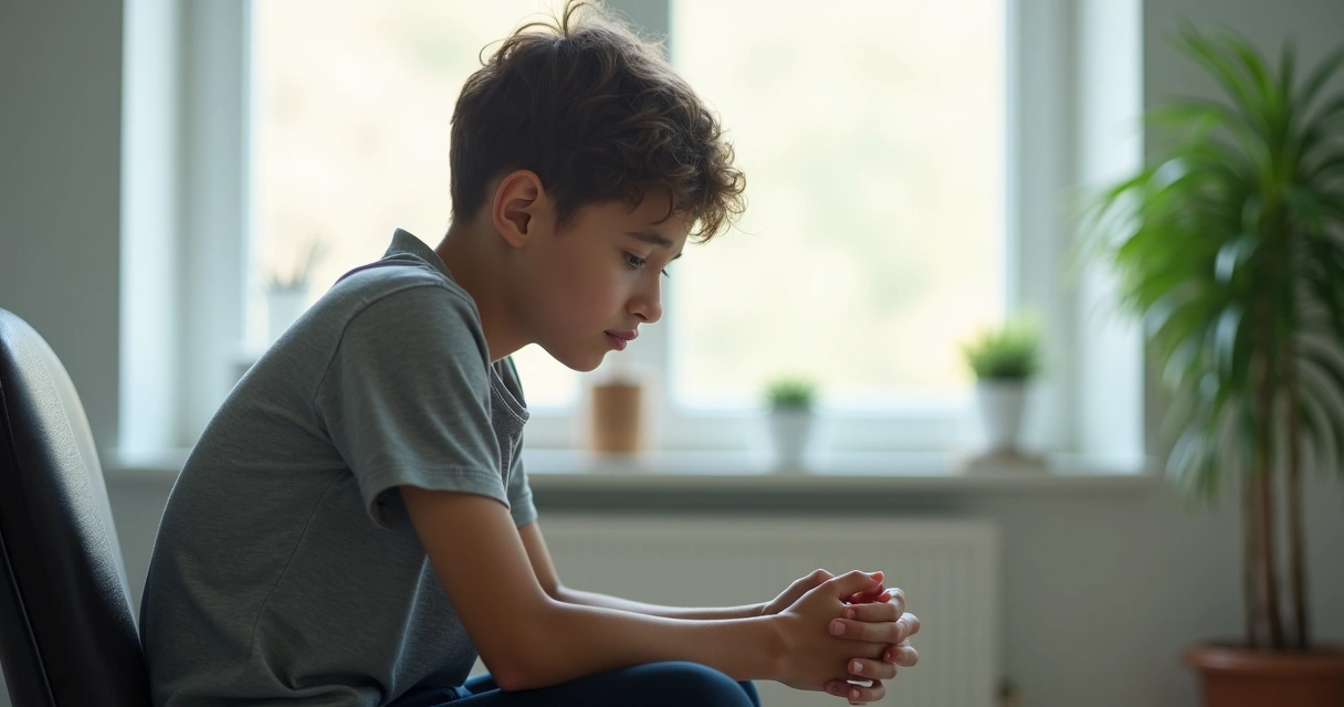 Jovem sentado em uma cadeira olhando para baixo em postura introspectiva 