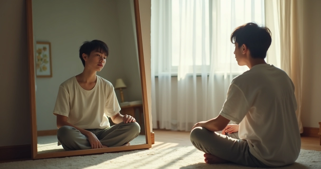 Pessoa jovem olhando para seu reflexo em um espelho 