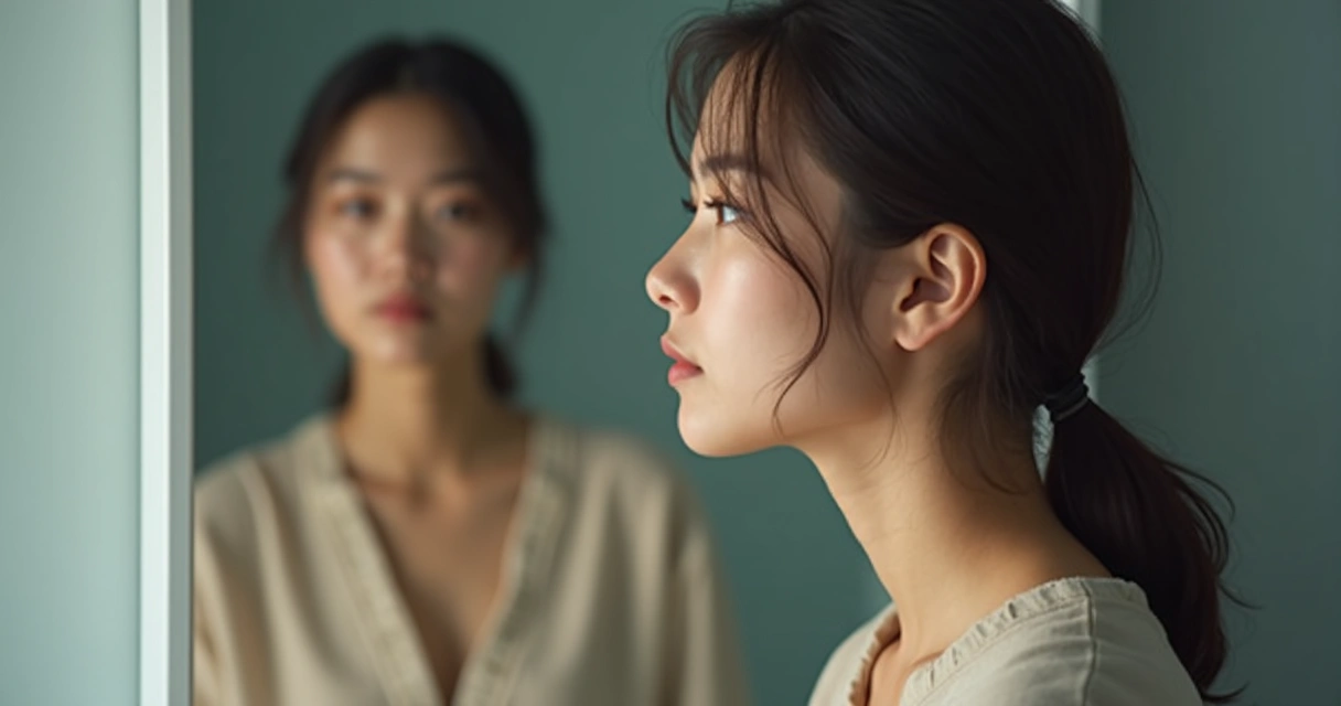 Mulher jovem pensando diante de um espelho, expressão contemplativa