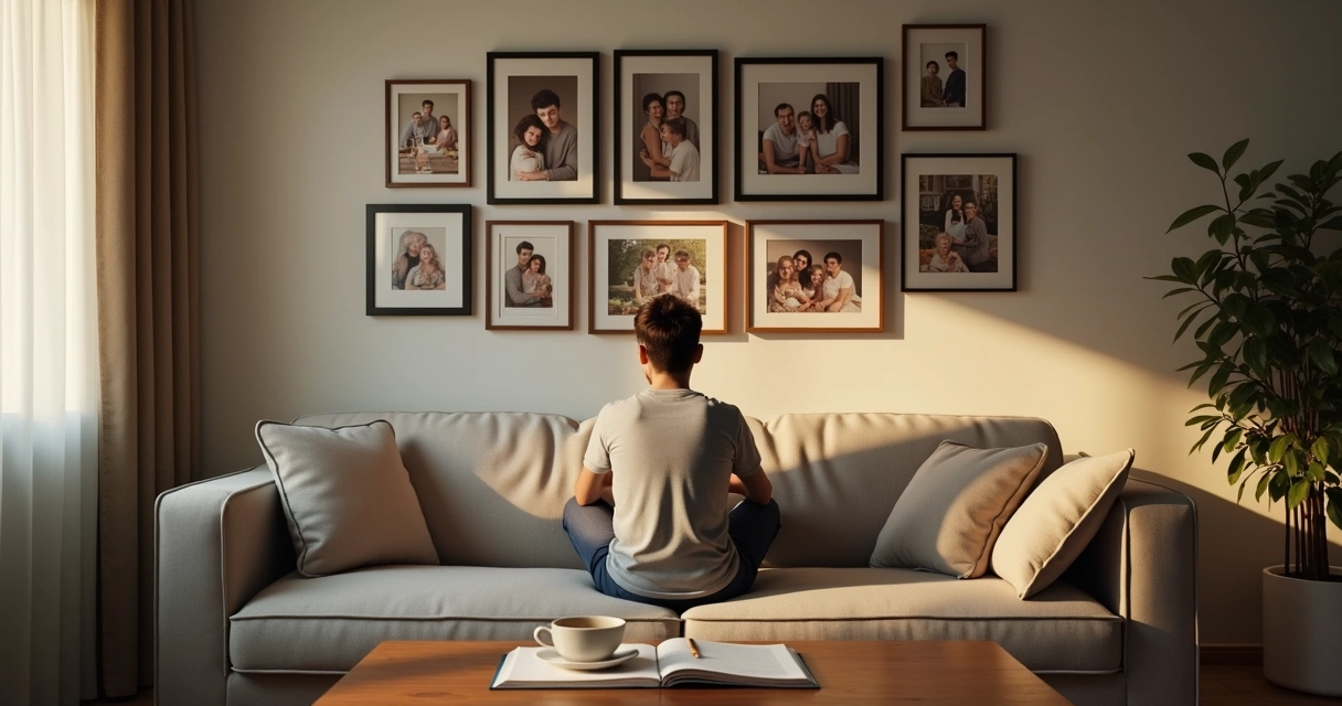 Jovem sentado no sofá observando mural de fotos da família na parede 