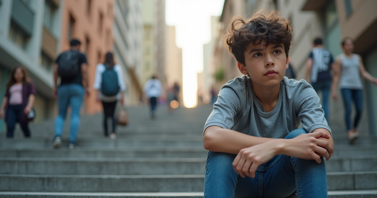 Jovem sentado em ambiente urbano refletindo, expressão pensativa e insegura, com fundo desfocado de cidade e luz natural 