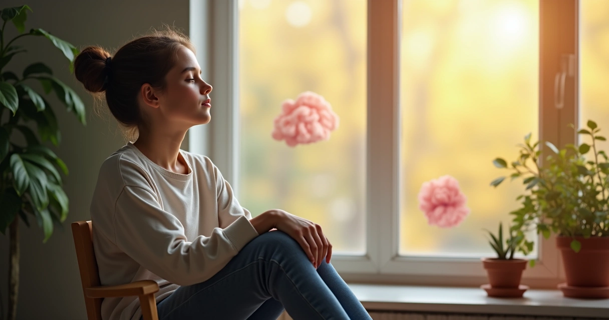 Jovem sentado em ambiente iluminado refletindo sobre suas emoções, com expressão serena e elementos sutis ao fundo simbolizando pensamentos e sentimentos 