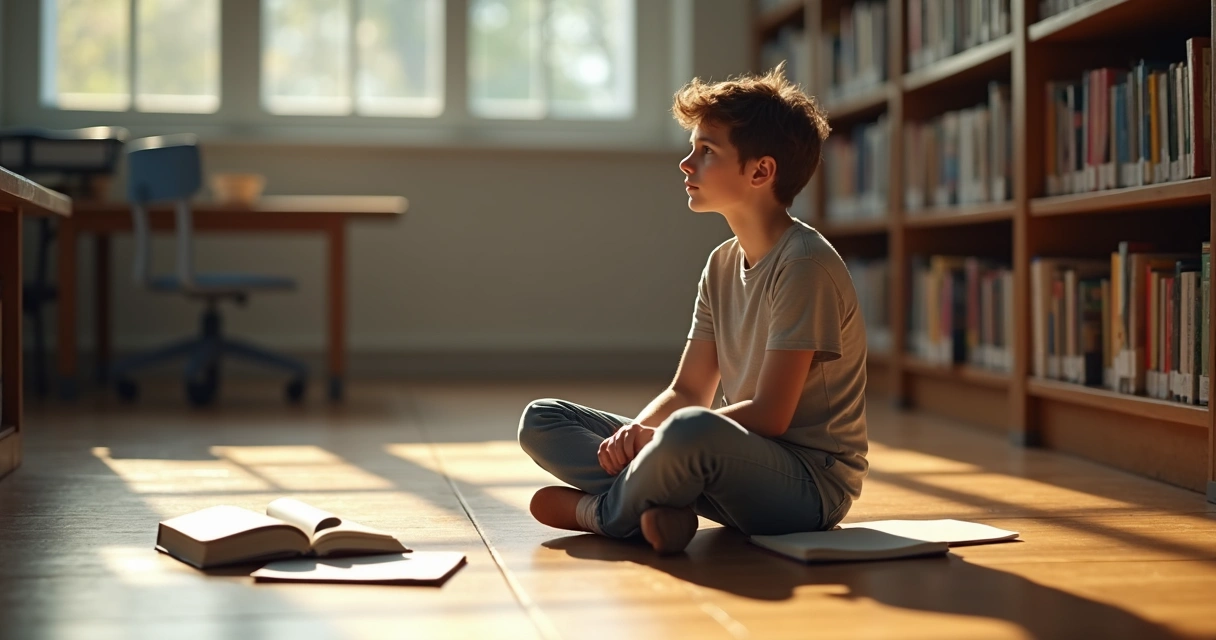 Adolescente sentado com livros refletindo em ambiente escolar 