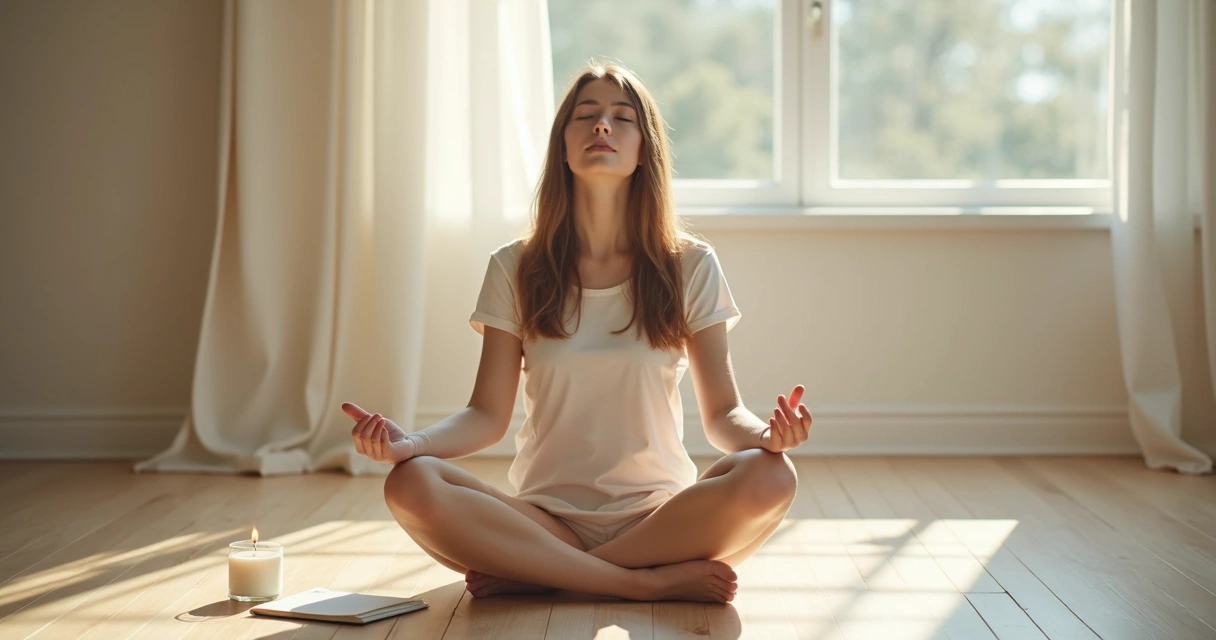 Pessoa meditando de olhos fechados em espaço claro, contemplativa