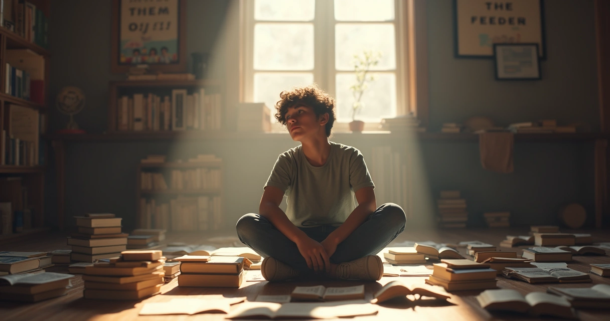 Jovem sentado pensando com livros ao redor e luz suave ao fundo. 