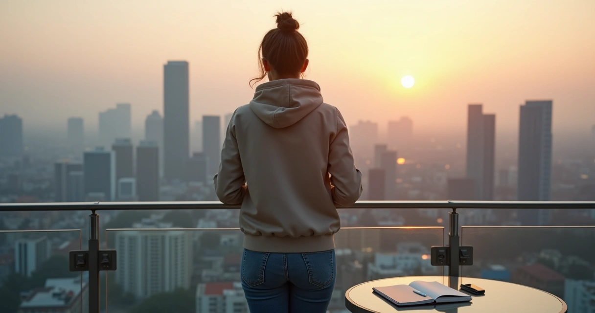 Pessoa jovem observando a cidade do alto refletindo sobre propósito de vida 