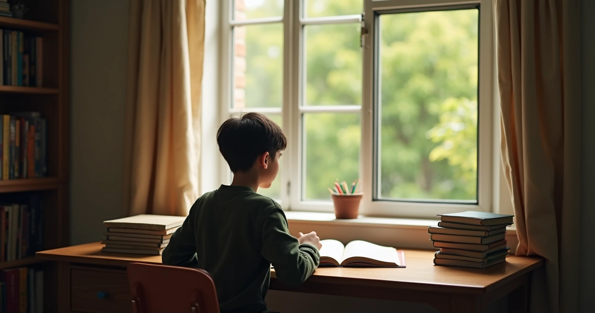 Jovem sentado em sala de estudo olhando para fora de uma janela 