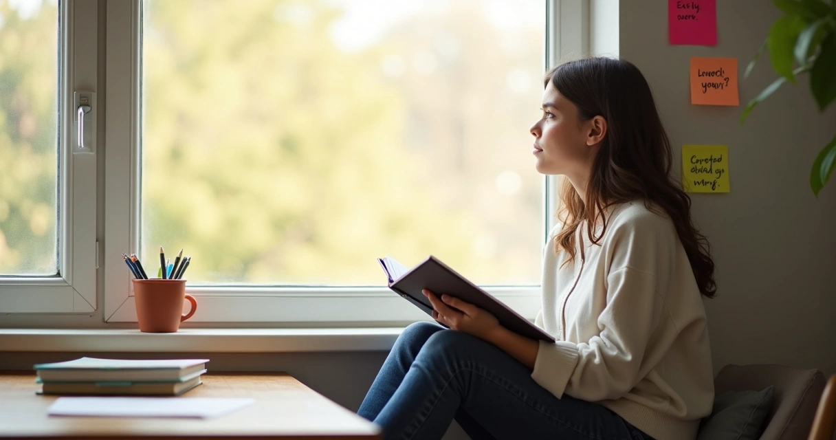 Jovem sentado à janela olhando para fora, caderno de anotações no colo 