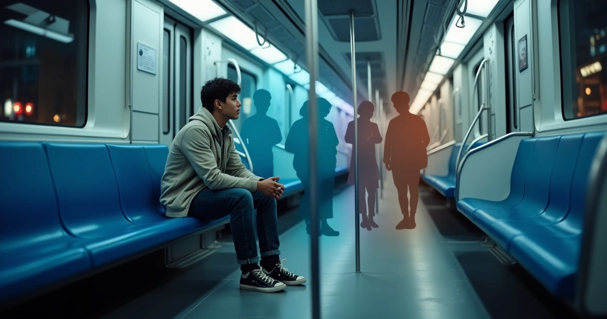 Pessoa sentada em metrô vazio observando sombra colorida na parede ao lado 