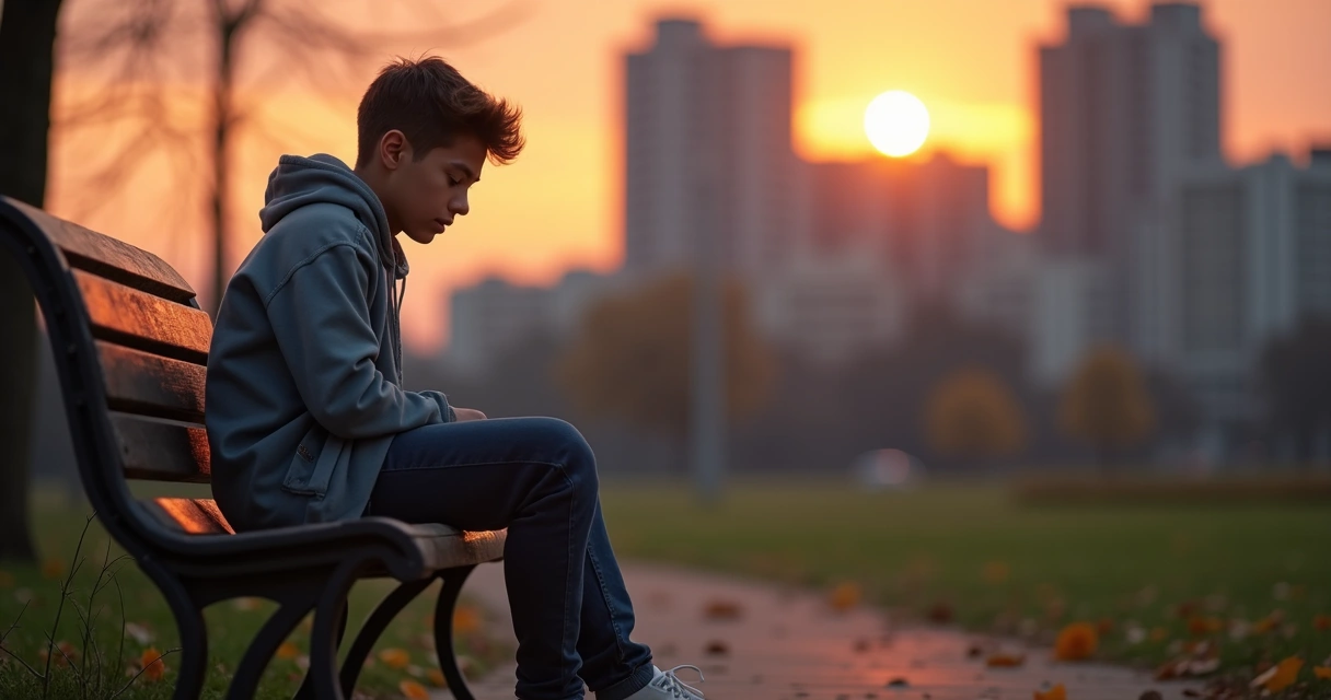 Jovem sentada em um banco olhando para baixo, em ambiente urbano ao entardecer 