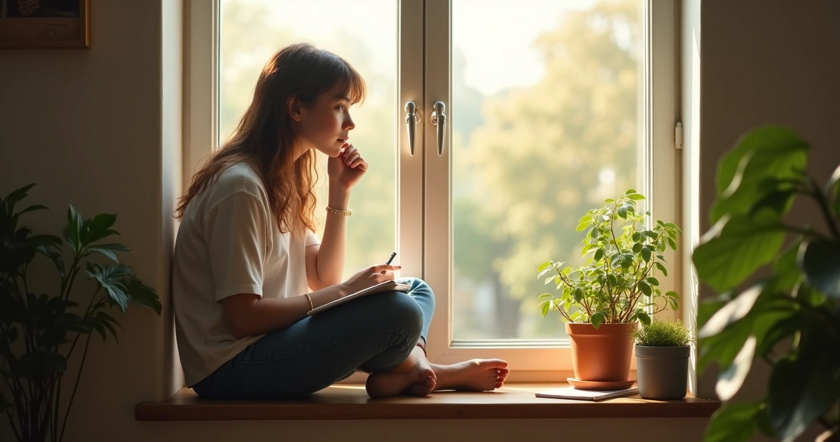 Pessoa jovem sozinha em um ambiente tranquilo refletindo sobre suas escolhas e limites.