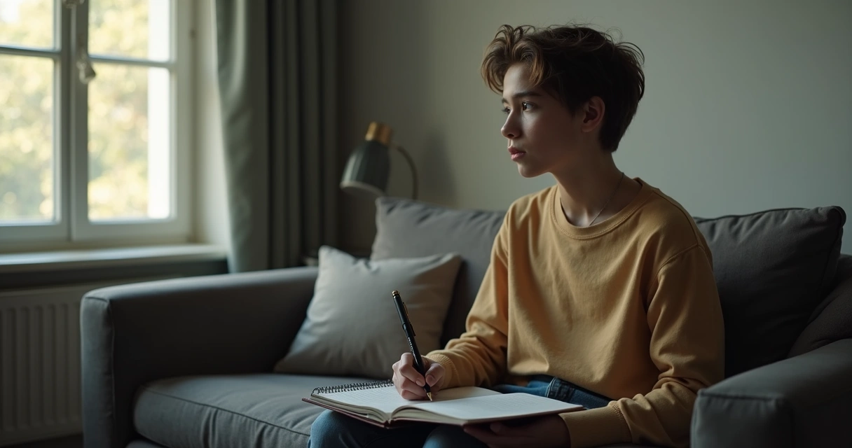 Jovem sentado sozinho em um sofá contemplando em silêncio, com caderno no colo e luz suave entrando pela janela 