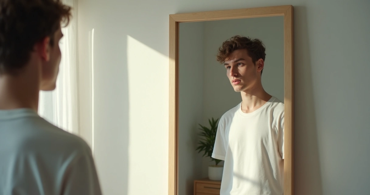 Homem jovem refletindo diante do espelho