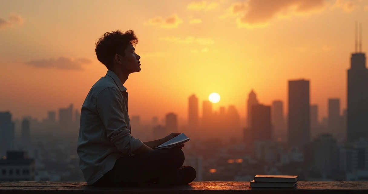 Jovem sentado olhando para horizonte pensativo