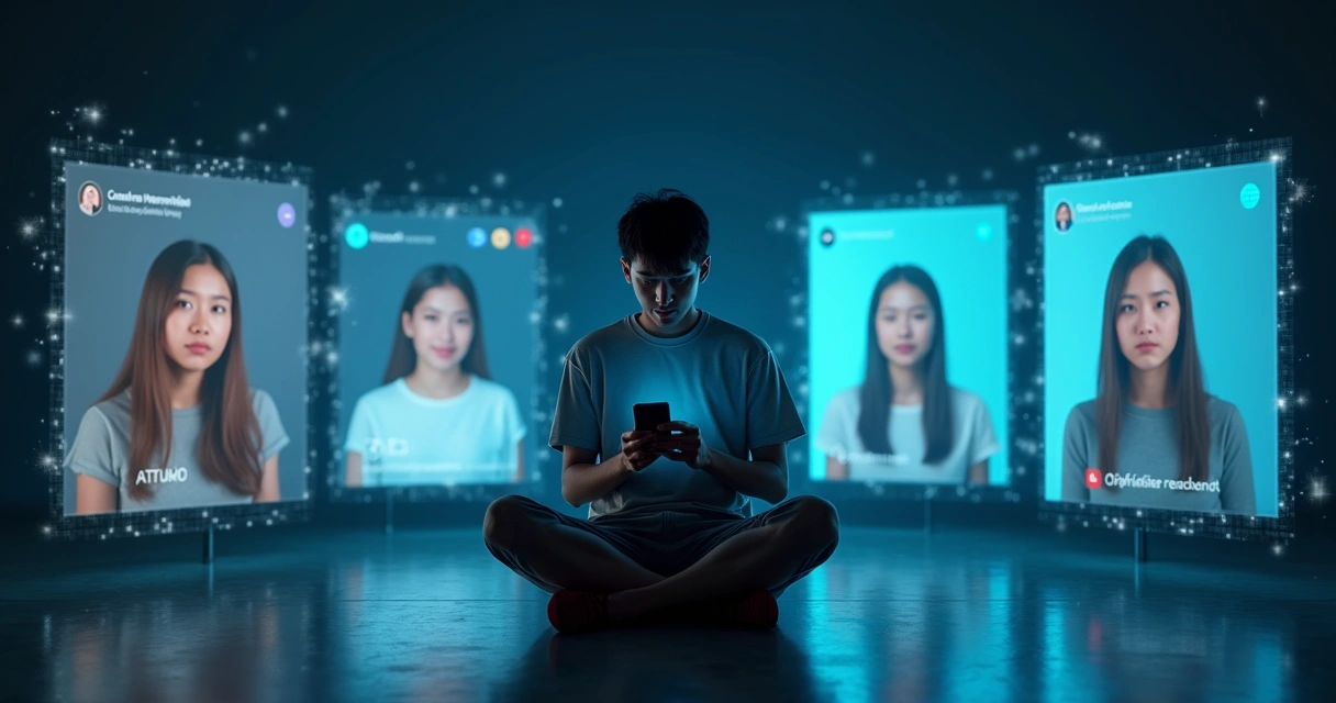 Jovem sentado no chão cercado por telas digitais refletindo seu rosto em expressões diferentes 
