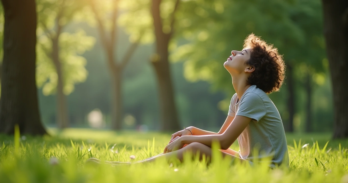 Jovem sentado ao ar livre, respirando profundamente enquanto relaxa