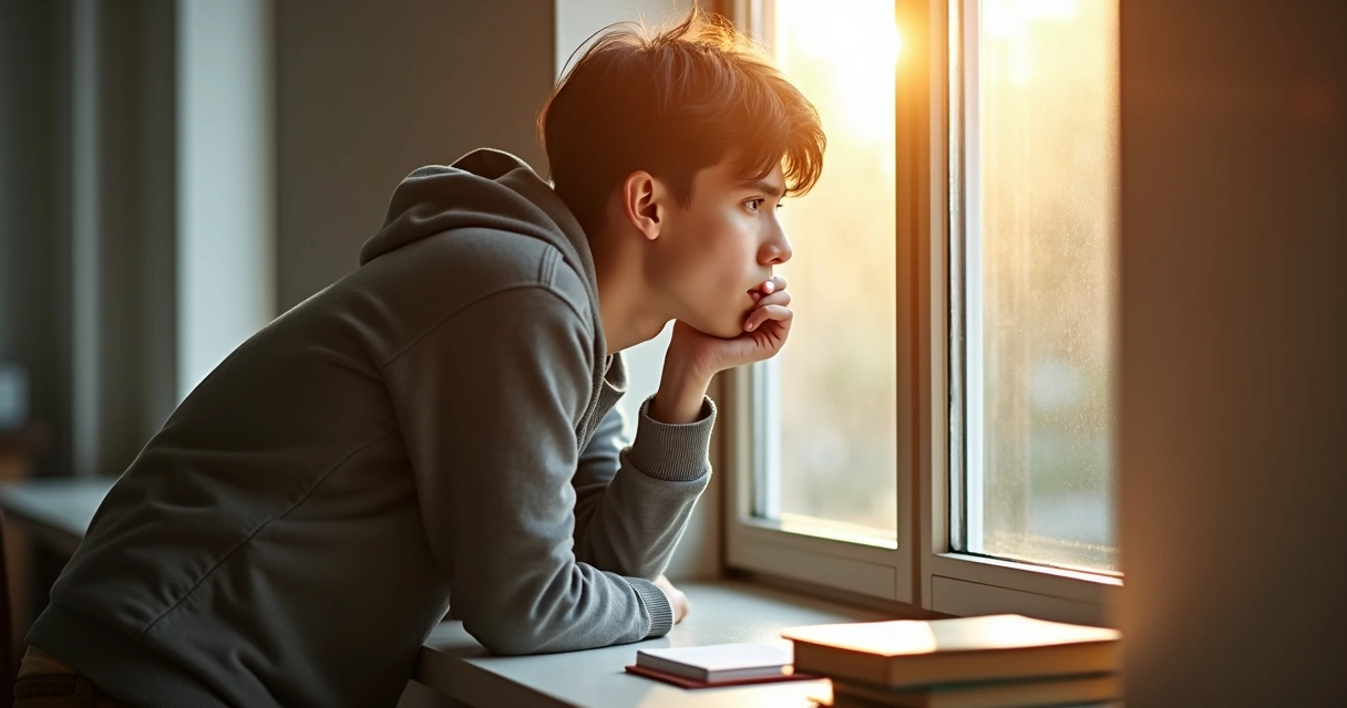 Jovem pensativo olhando pela janela refletindo sobre conselhos de amigos