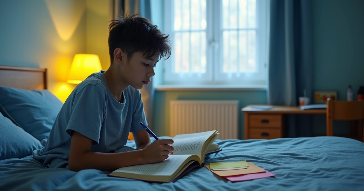 Jovem revisando anotações antes de dormir, sentado na cama com livros abertos