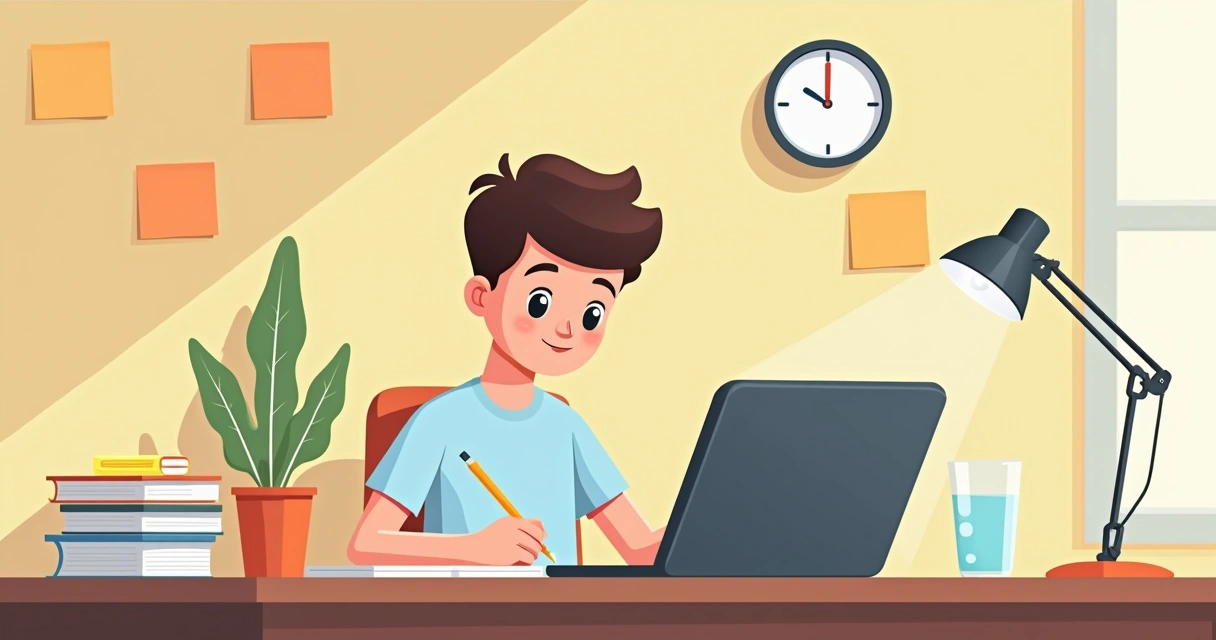 Jovem revisando anotações em ambiente tranquilo.