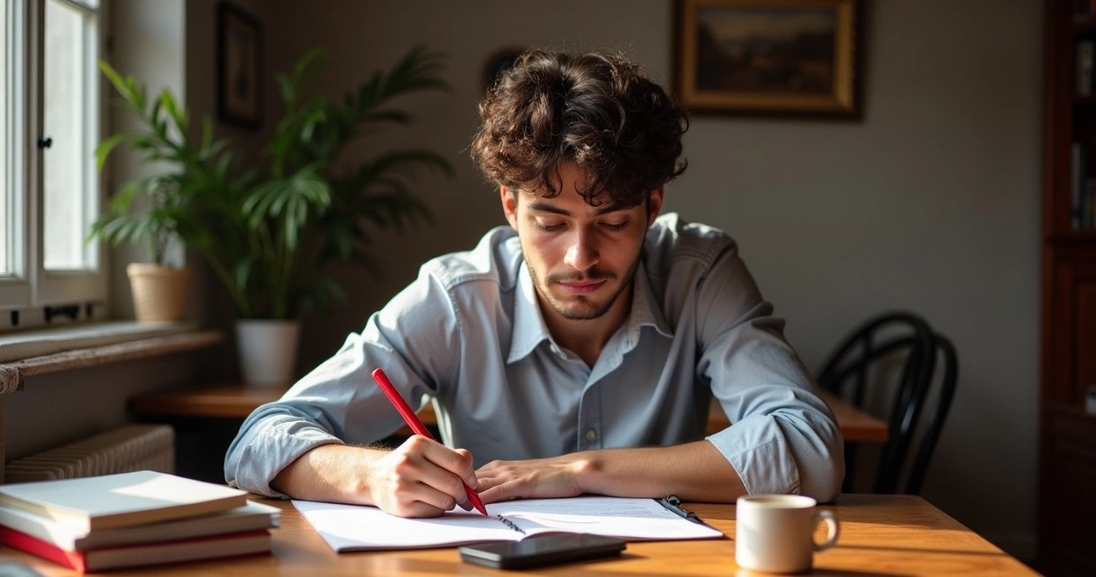 Jovem corrigindo prova antiga com caneta vermelha