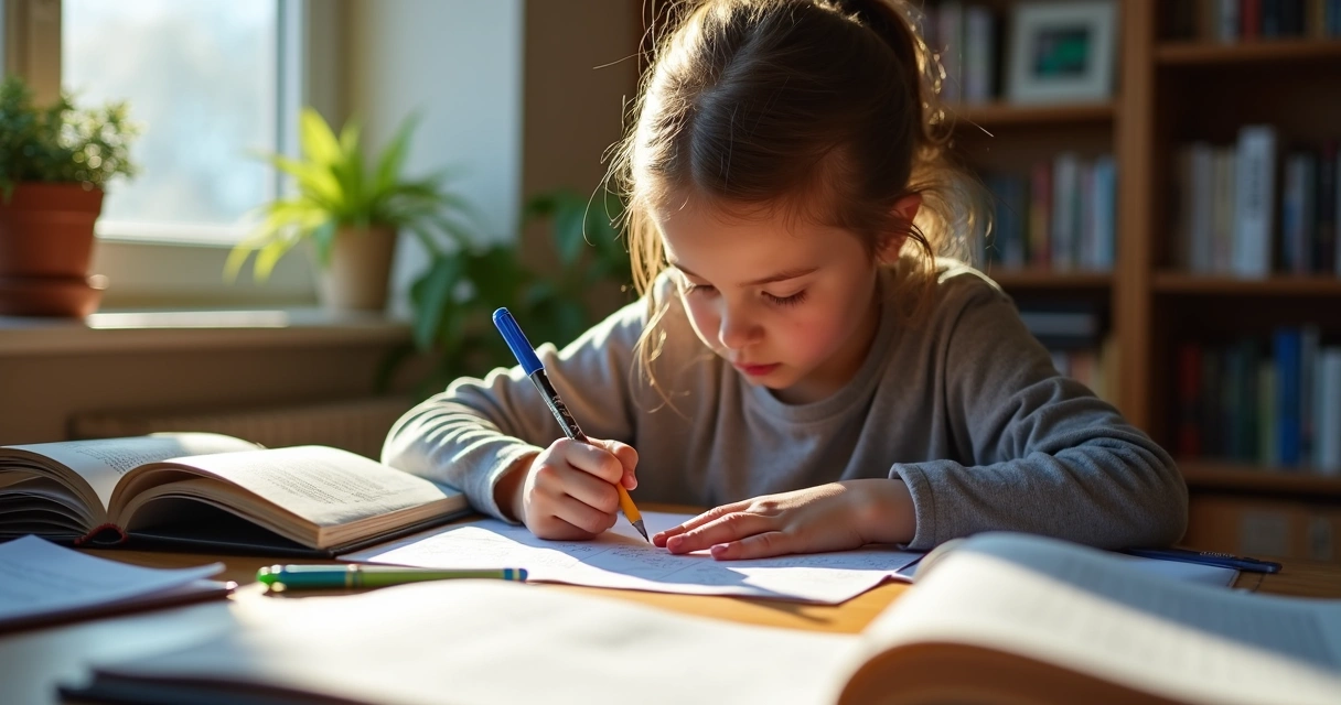 Jovem sentado à mesa revisando uma prova com anotações