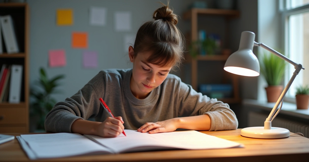 Estudante jovem revisando texto na mesa de estudos